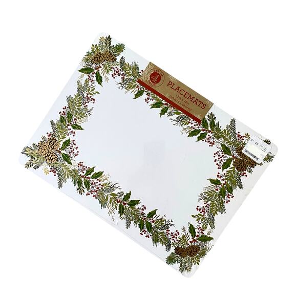 Christmas Cork Backed Hard Placemats Holiday Holly & Pine Garland Set of 4 New - Picture 2 of 9